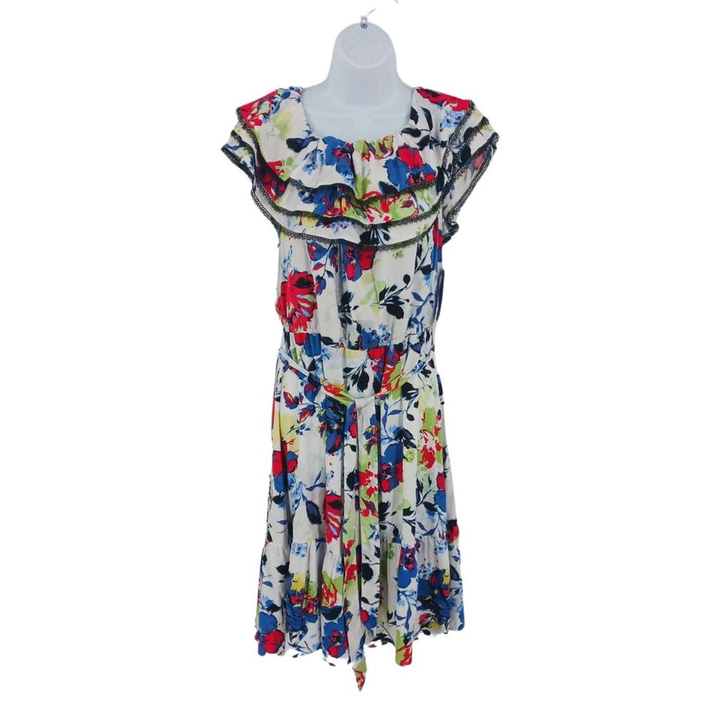 Peter Nygard White Paint Floral Missy Dress Ruffle Party Sz 10